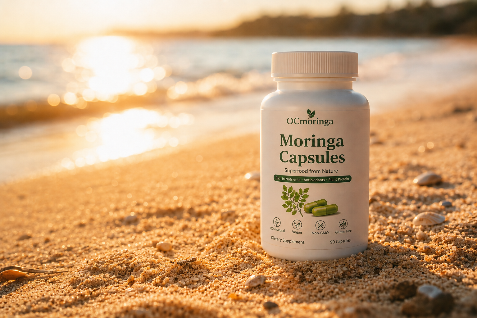 OC Moringa Capsules bottle on the beach at sunset