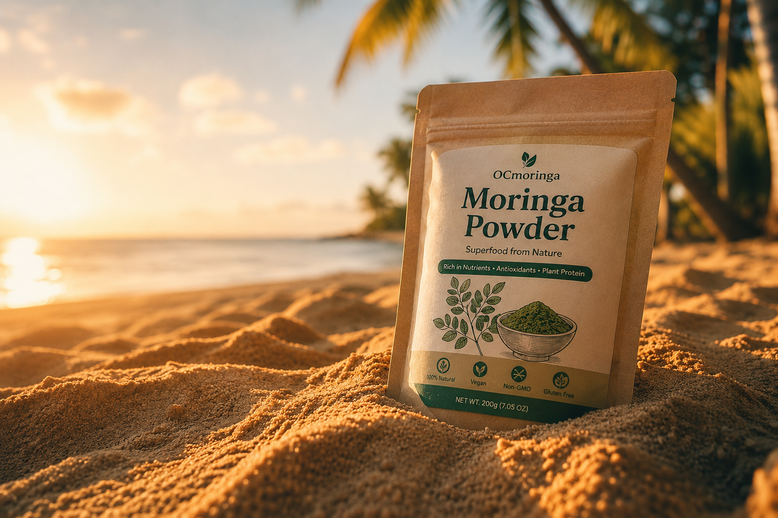 OC Moringa Powder pouch half-buried in beach sand at golden hour