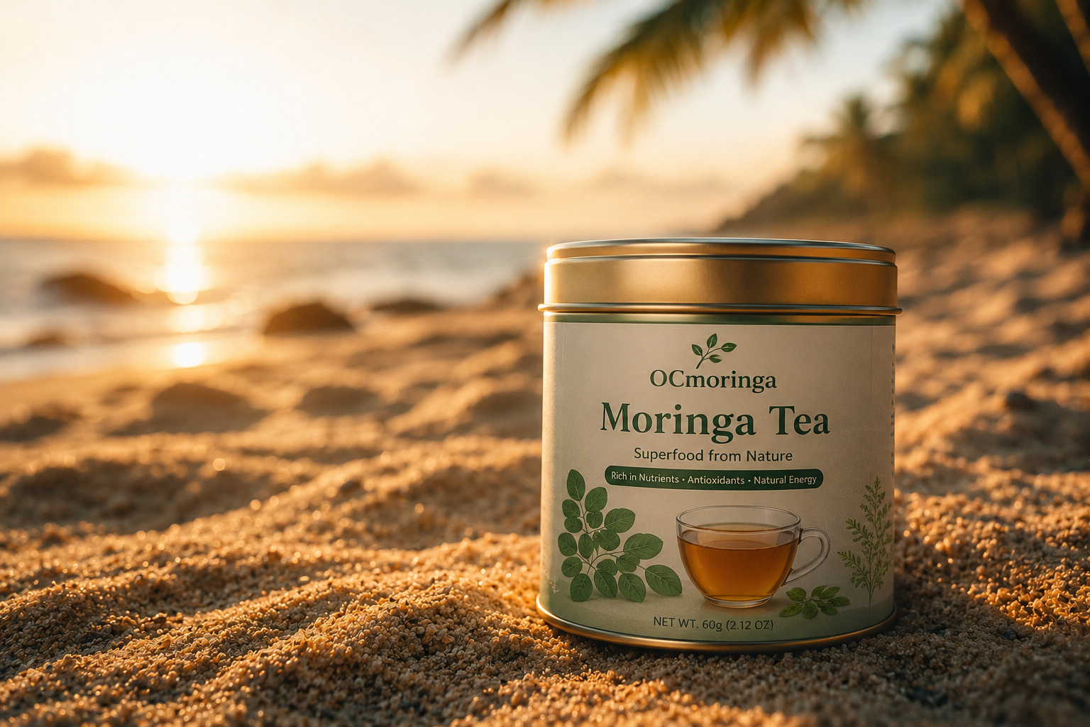 OC Moringa Tea tin on the sand with sunset behind it